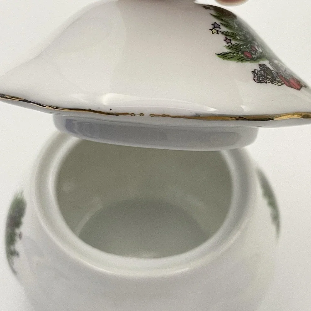 Vintage 1980s‎ Christmas Tree Creamer & Sugar Set Taiwan Porcelain Gold Trim